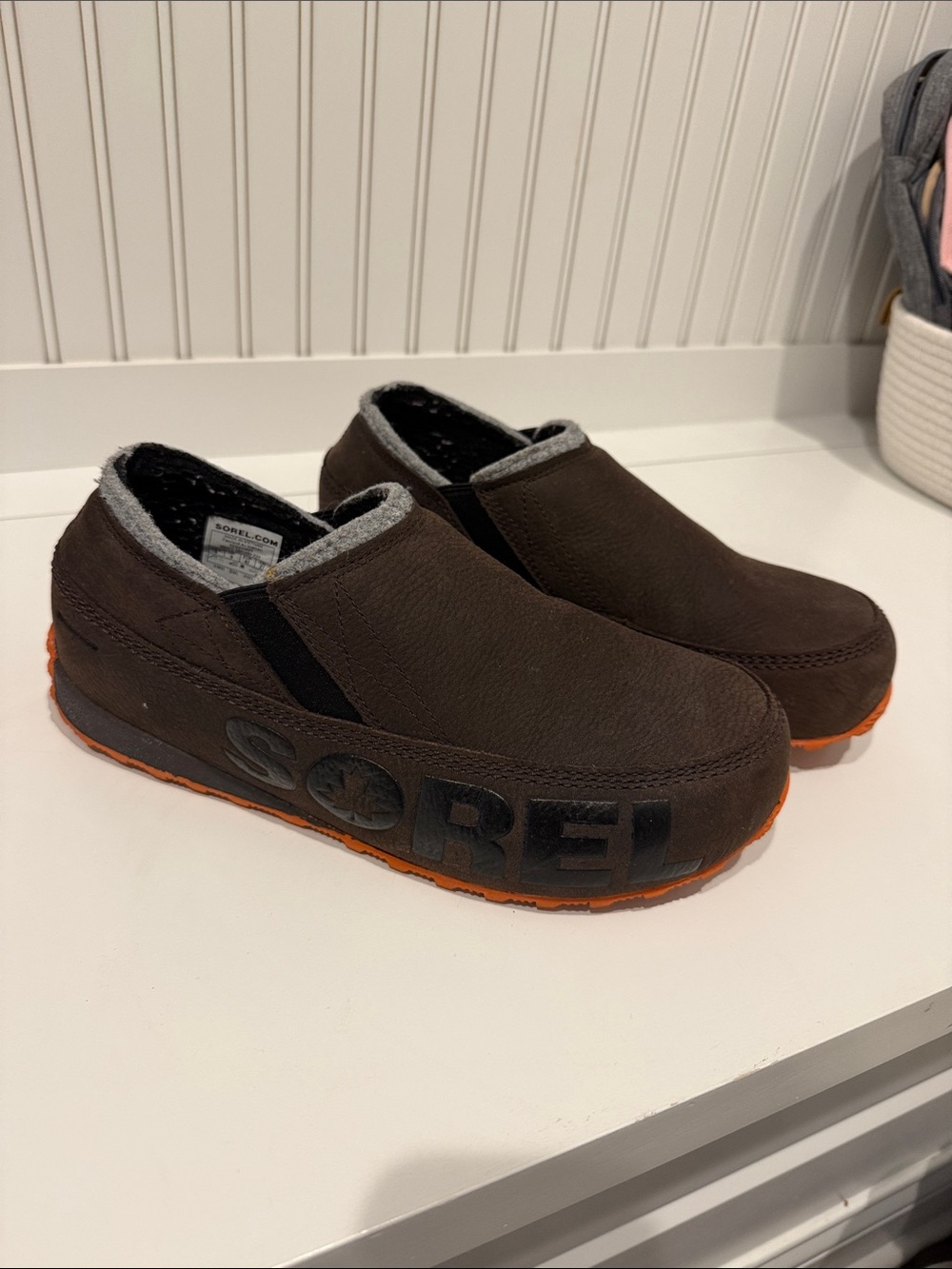 Sorel Brown Slip-On Clogs with Orange Outsole
